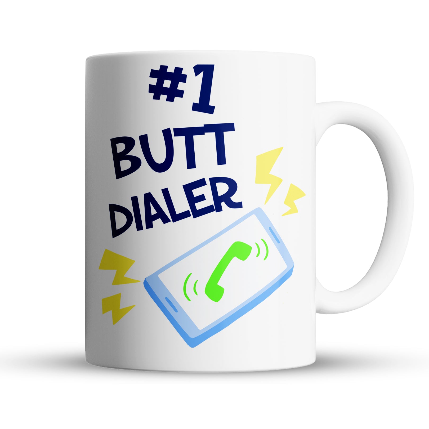 White mug with blue text and graphics on a white background