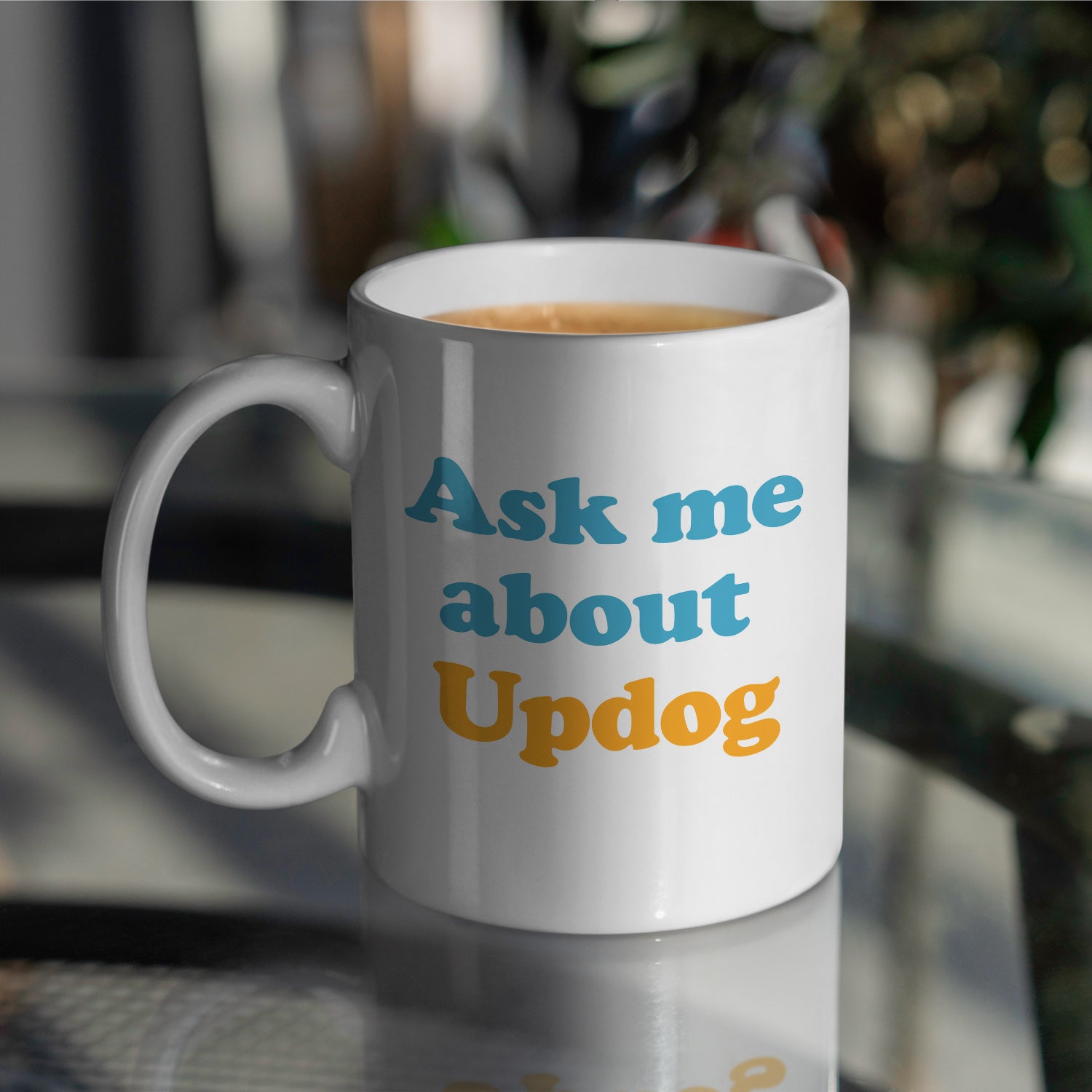 White ceramic coffee mug on table with funny ask me about updog design perfect humorous gift