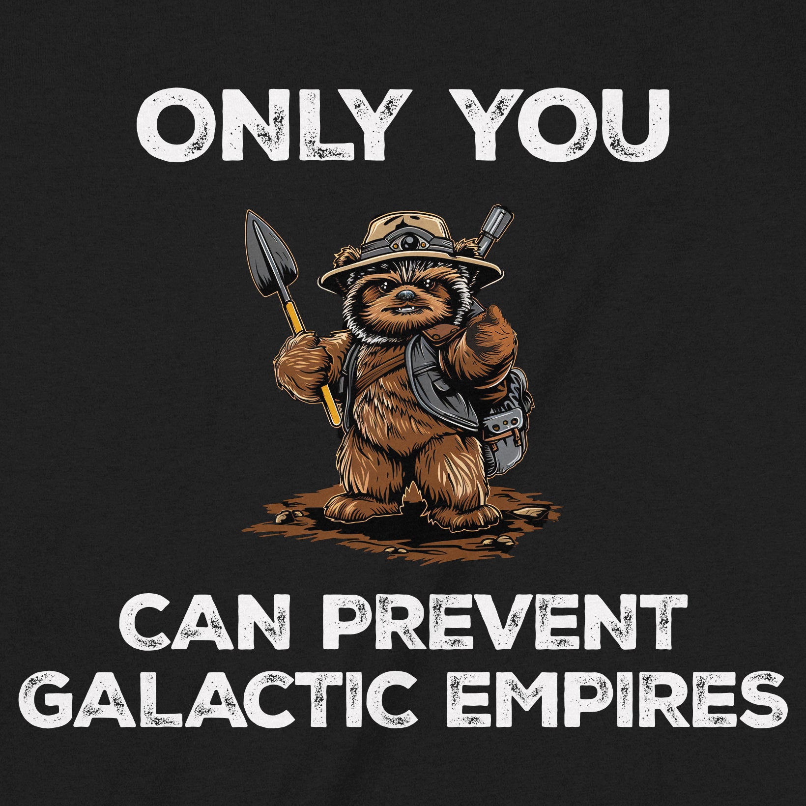 Closeup of black graphic shirt featuring Only You Can Prevent Galactic Empires with warrior bear design