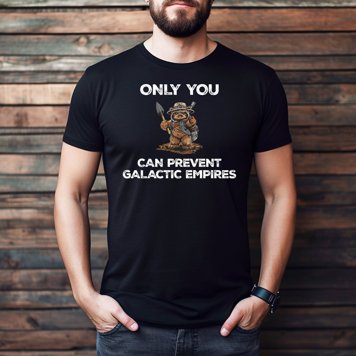 Man wearing black geeky t-shirt with Only You Can Prevent Galactic Empires and bear illustration