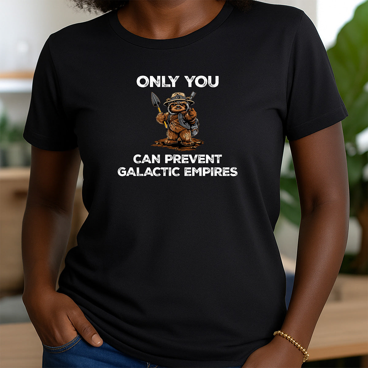 Woman in black crew neck shirt with Only You Can Prevent Galactic Empires text and bear warrior graphic