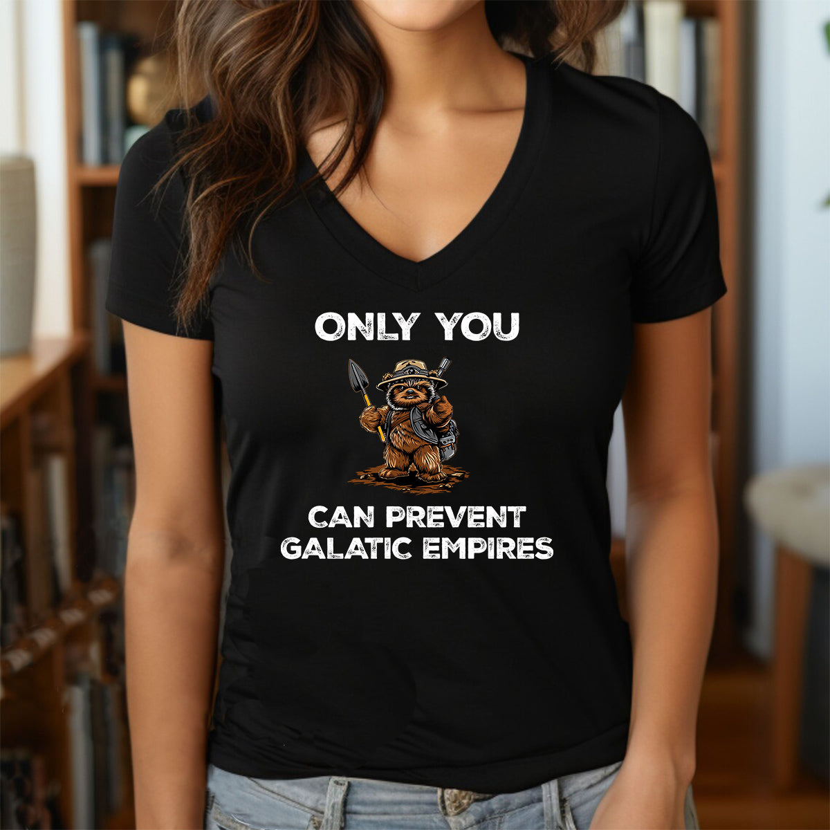 Women’s v-neck shirt in black with Only You Can Prevent Galactic Empires slogan and bear character artwork