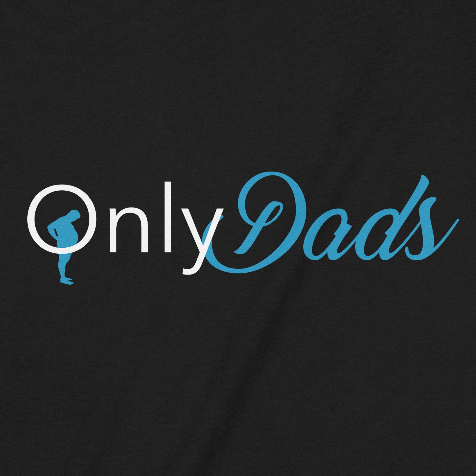 Closeup view of OnlyDads parody logo in blue and white printed on black fabric