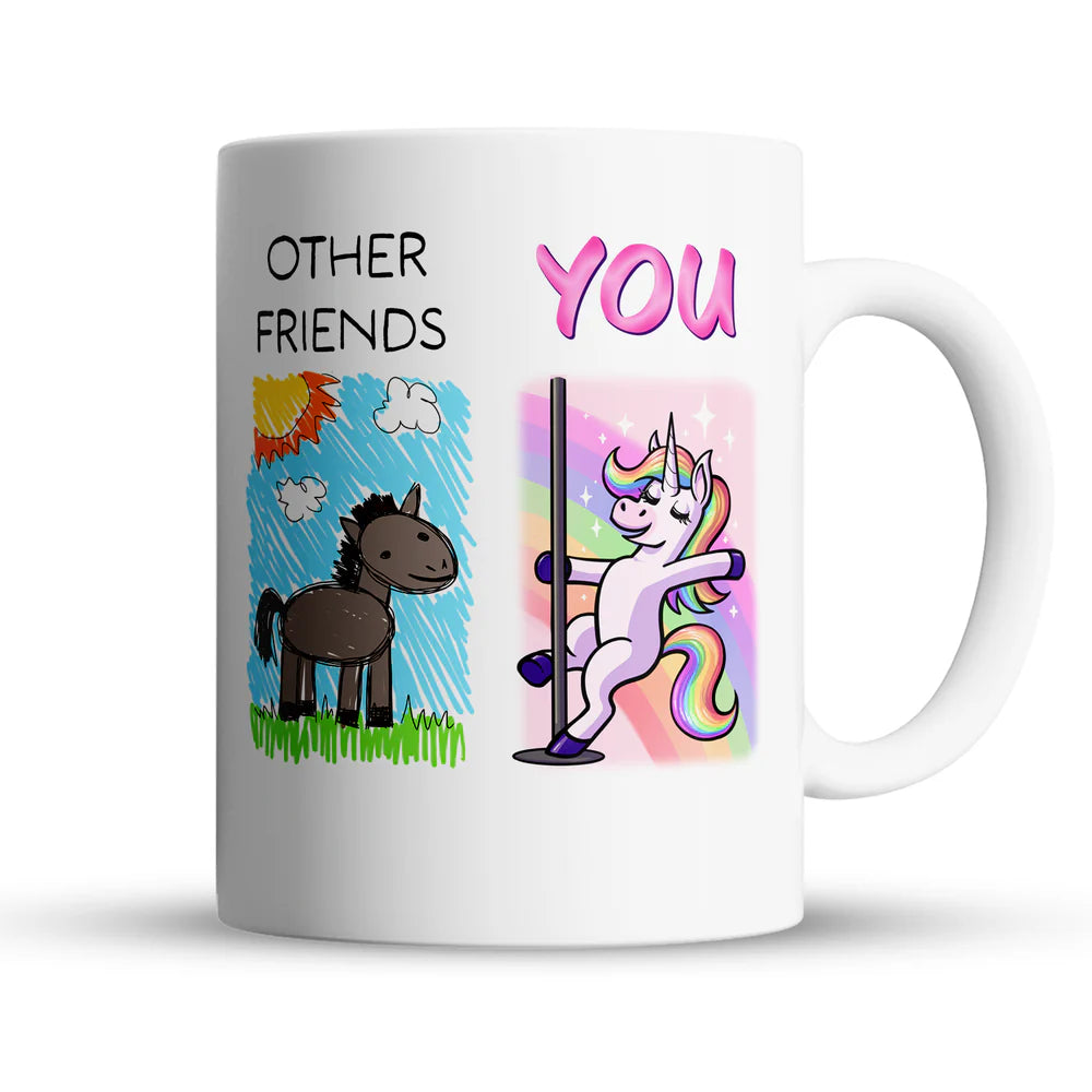White mug with cartoon horse and unicorn design and text 'OTHER FRIENDS' and 'YOU'.