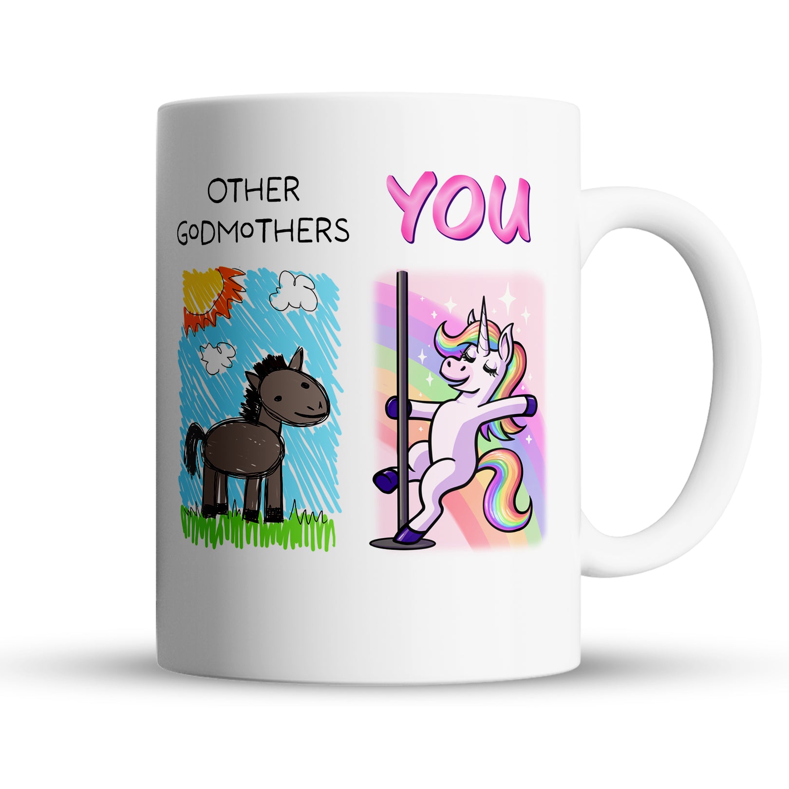 Mug with cartoon horse and unicorn design and text 'Other Godmothers' and 'You'.