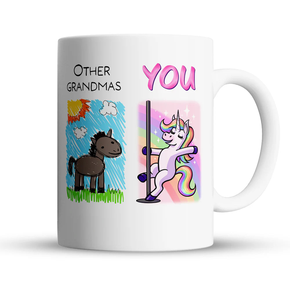 White mug with cartoon horse and unicorn design and text on a white background