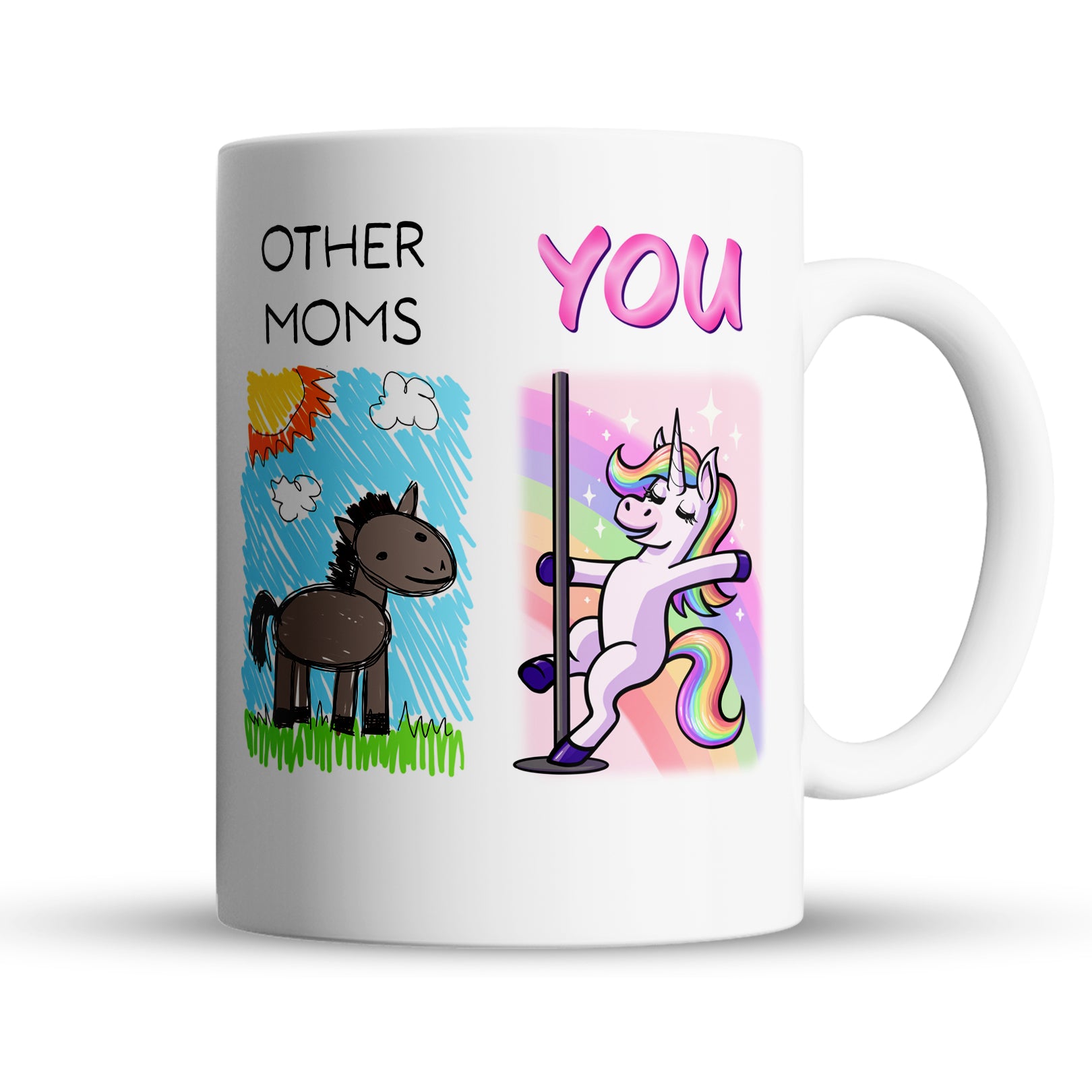 Funny moms coffee mug with unicorn vs cartoon horse doodle design, 15oz ceramic gift for moms
