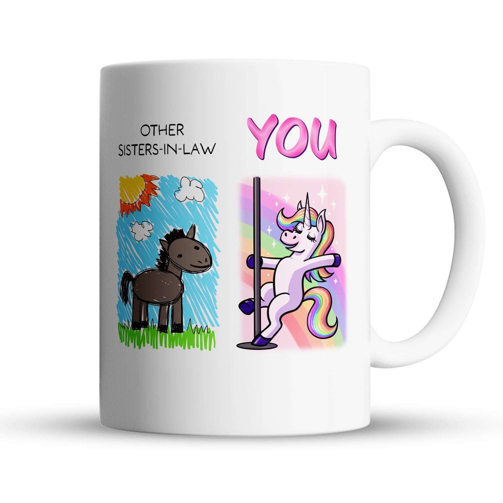 Funny sisters-in-law coffee mug with unicorn vs cartoon horse doodle design, 15oz ceramic gift for sisters-in-law
