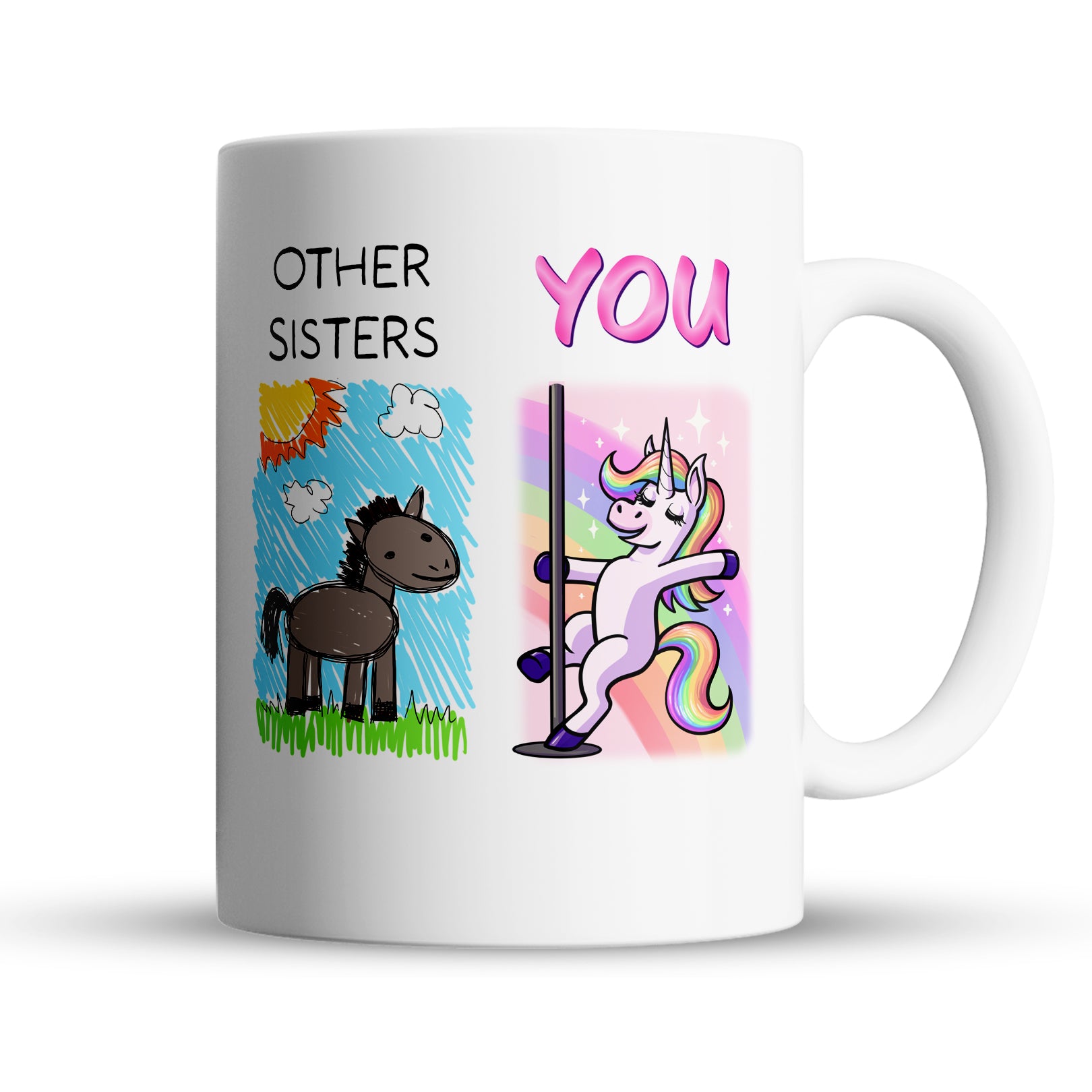 Funny sisters coffee mug with unicorn vs cartoon horse doodle design, 15oz ceramic gift for sisters
