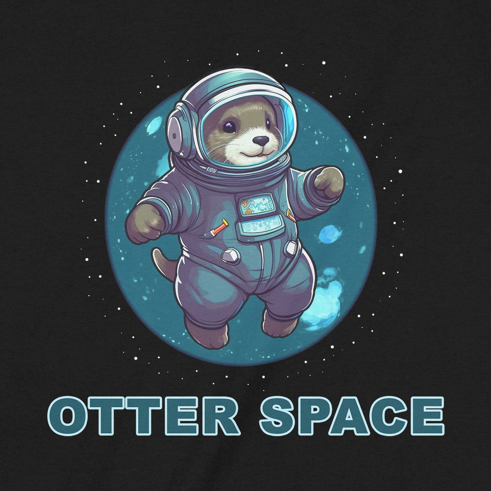 Closeup of otter astronaut graphic and OTTER SPACE lettering on black tee, showing crisp print detail.