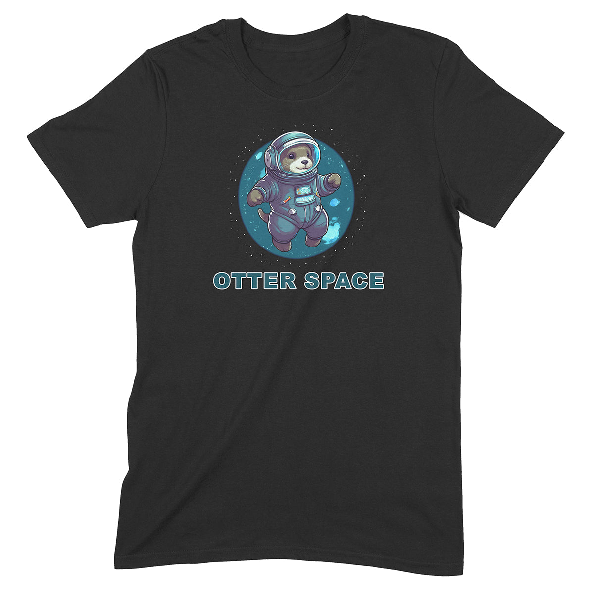 Black t-shirt featuring cute otter astronaut and OTTER SPACE text, product flat lay on dark tee.
