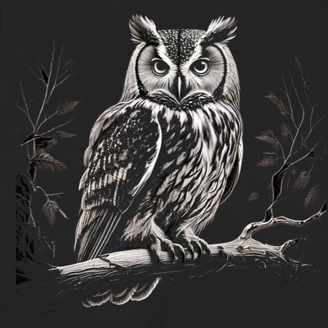 Close-up of owl perched on branch graphic with fine feather detail on black t-shirt