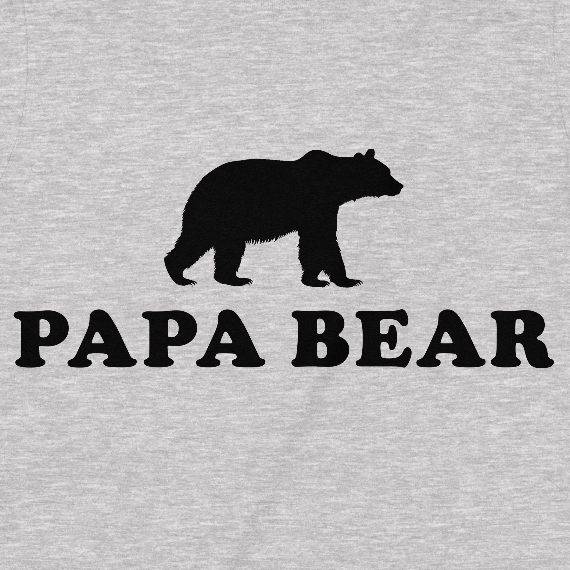 Close-up of Papa Bear text and black bear silhouette printed on heather gray t-shirt
