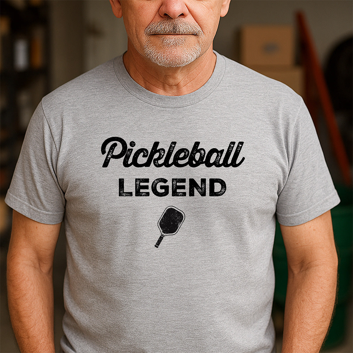 Men’s gray crewneck Pickleball Legend shirt with bold black text and paddle print, ideal for casual sportswear and players