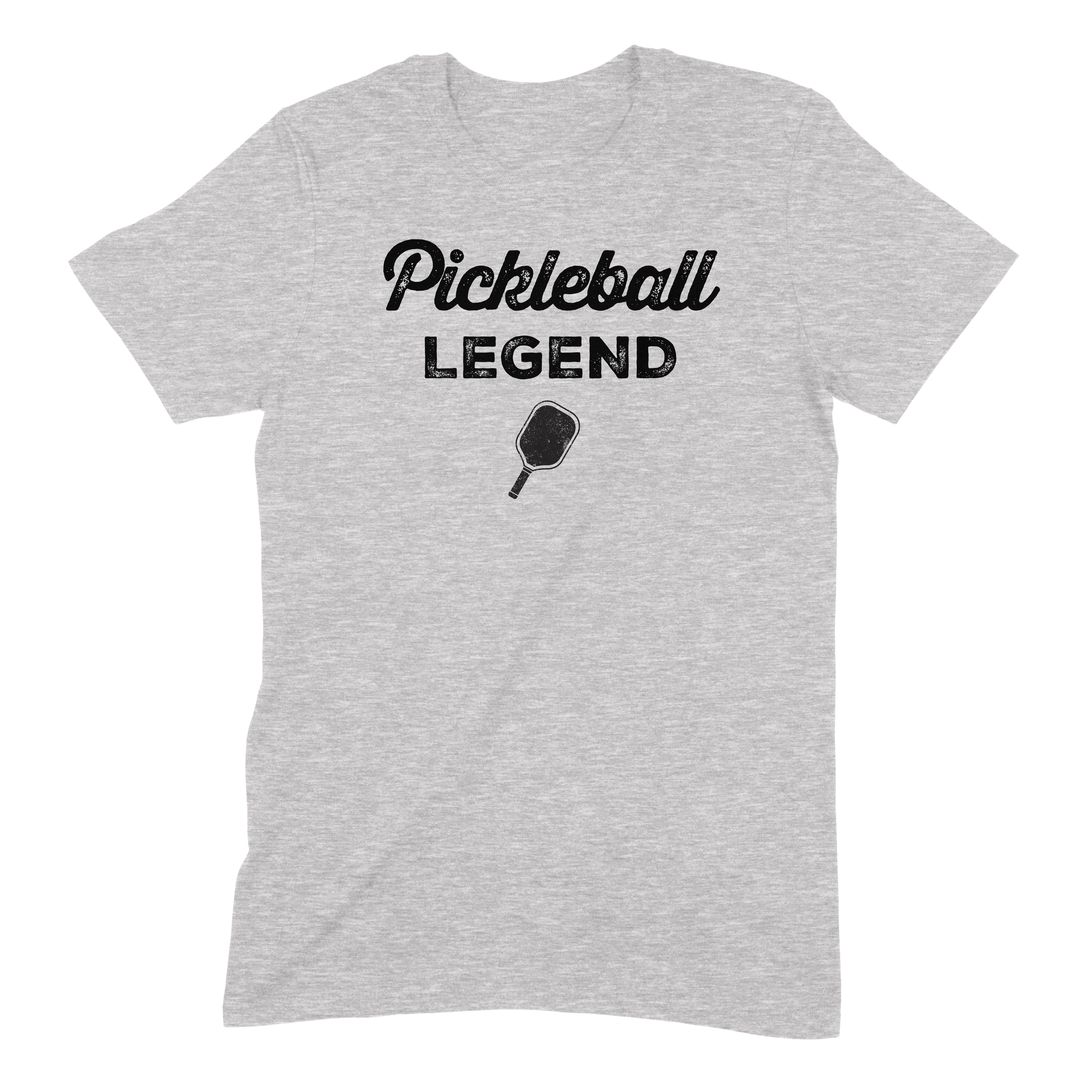 Funny Pickleball Legend t-shirt in gray featuring bold black text and paddle graphic for casual players and sports fans
