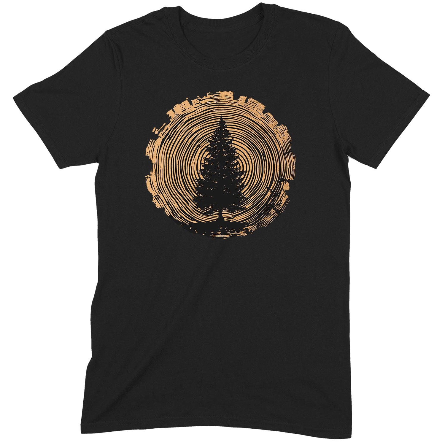 Black unisex t-shirt with a rustic pine tree silhouette inside golden tree-ring woodcut circle.
