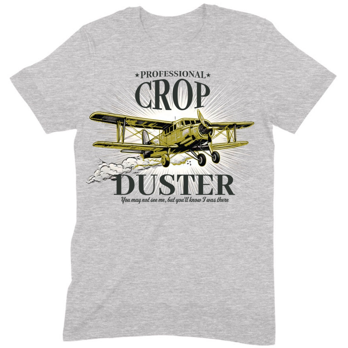 Grey t-shirt with yellow crop duster airplane graphic and text professional crop duster humorous aviation design