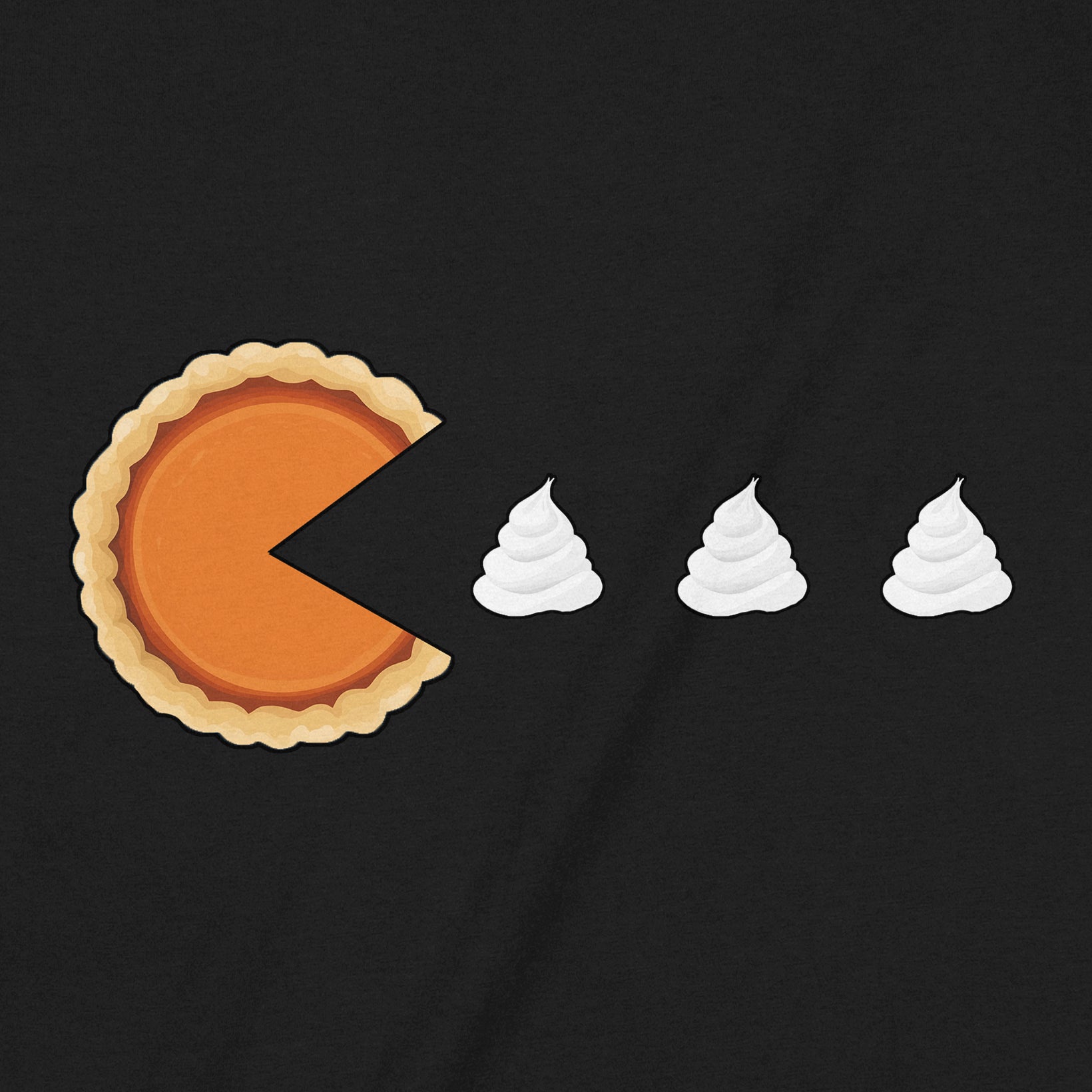 Close-up of pumpkin pie Pac-Man and three whipped cream dots on black tee graphic