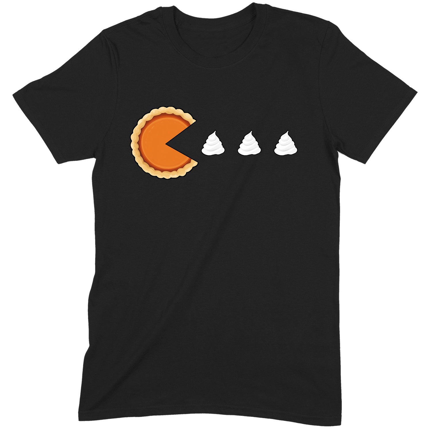 Black T-shirt with pumpkin pie Pac-Man chasing whipped cream, funny Thanksgiving Halloween graphic