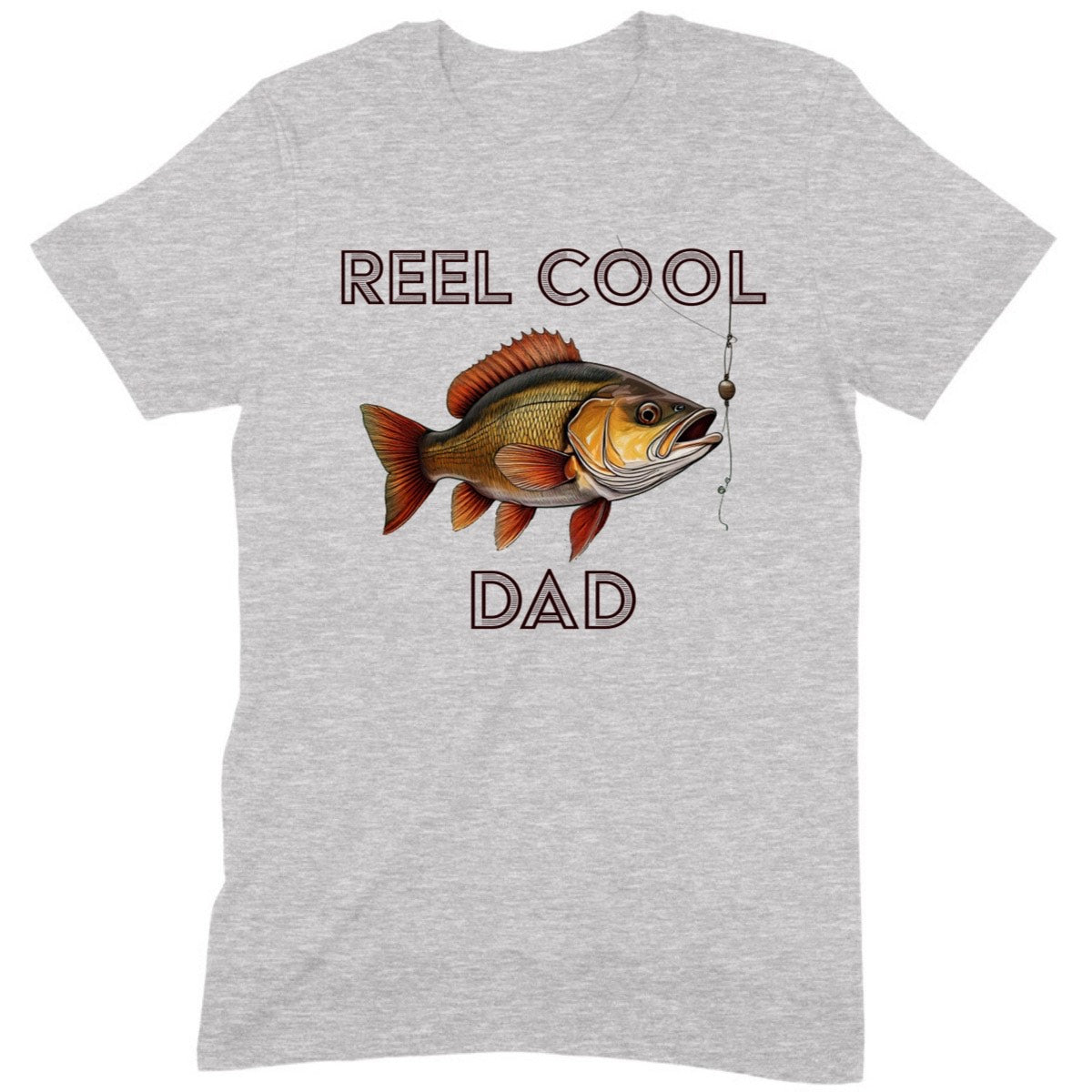 Gray t-shirt with Reel Cool Dad text, fishing hook, and colorful fish graphic design