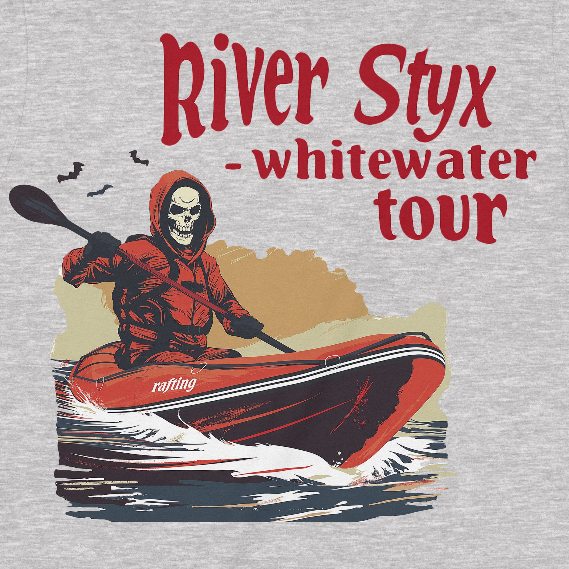 Closeup of River Styx whitewater tour t-shirt featuring a skeleton Grim Reaper in a red kayak