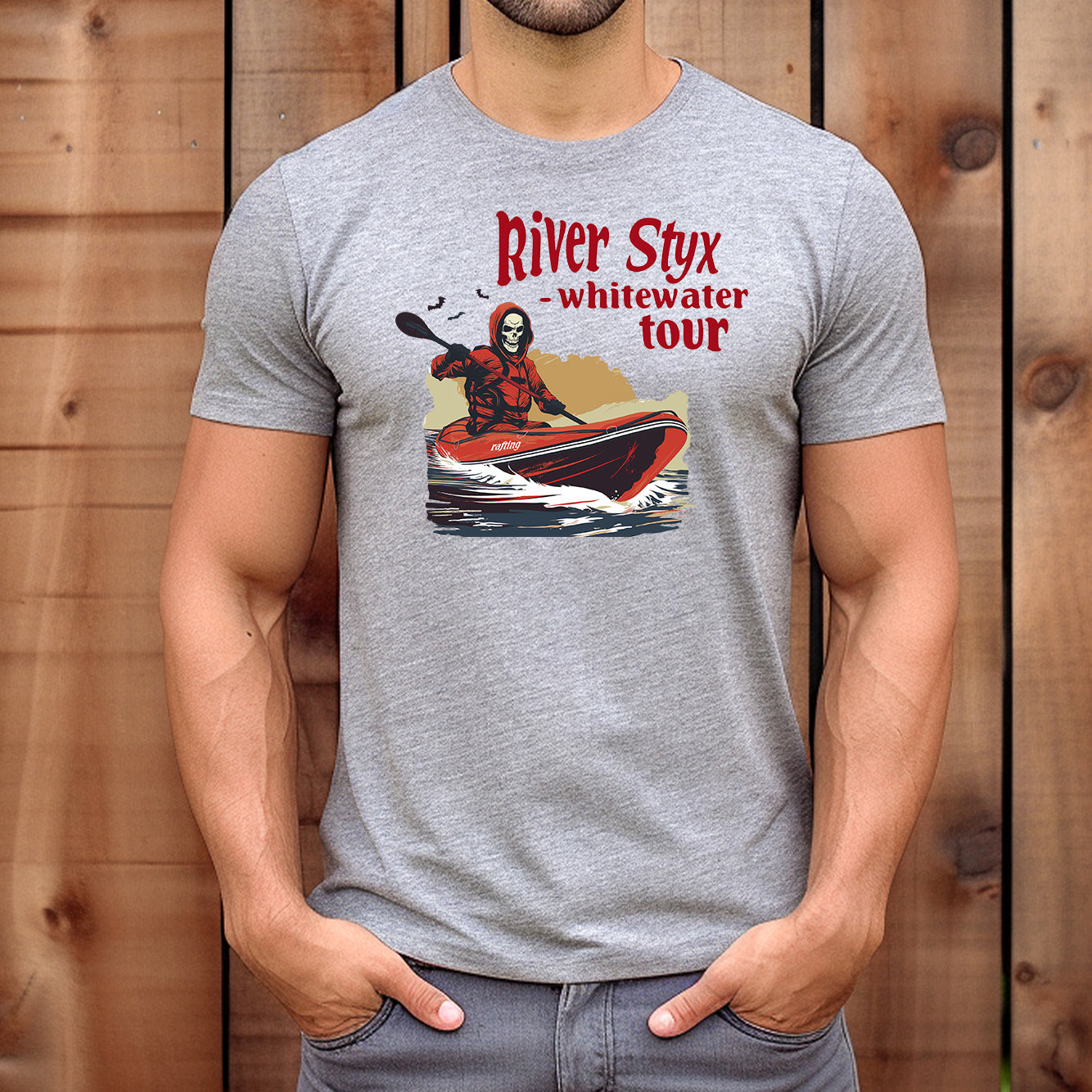Men’s grey t-shirt with River Styx Grim Reaper kayaking design and bold red lettering