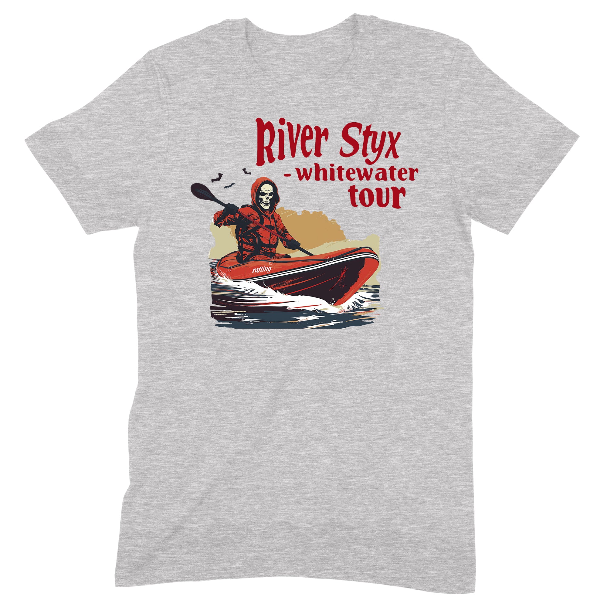 Grim Reaper paddling a red kayak on the River Styx with "Whitewater Tour" text on a grey t-shirt