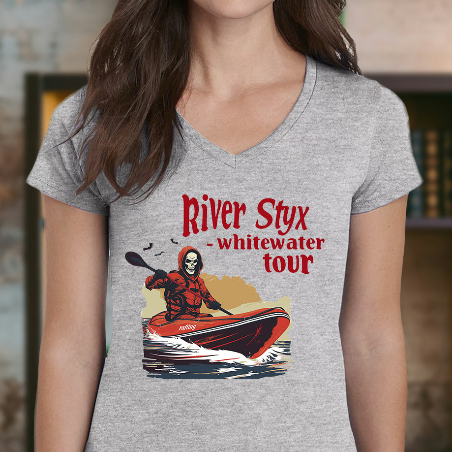 Women’s v-neck grey t-shirt with River Styx Grim Reaper kayaking design for whitewater tour