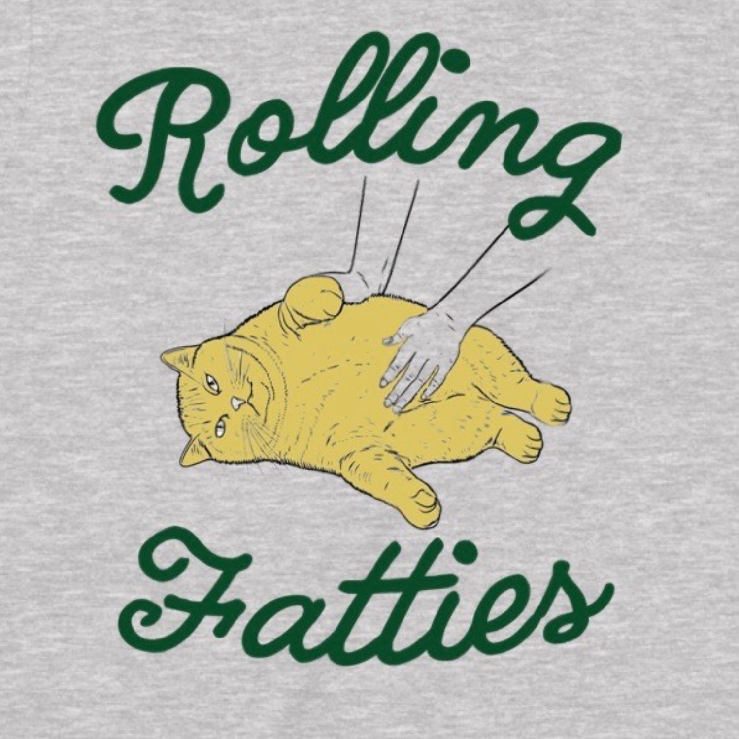 Closeup of Rolling Fatties design with yellow cat and green text on gray shirt