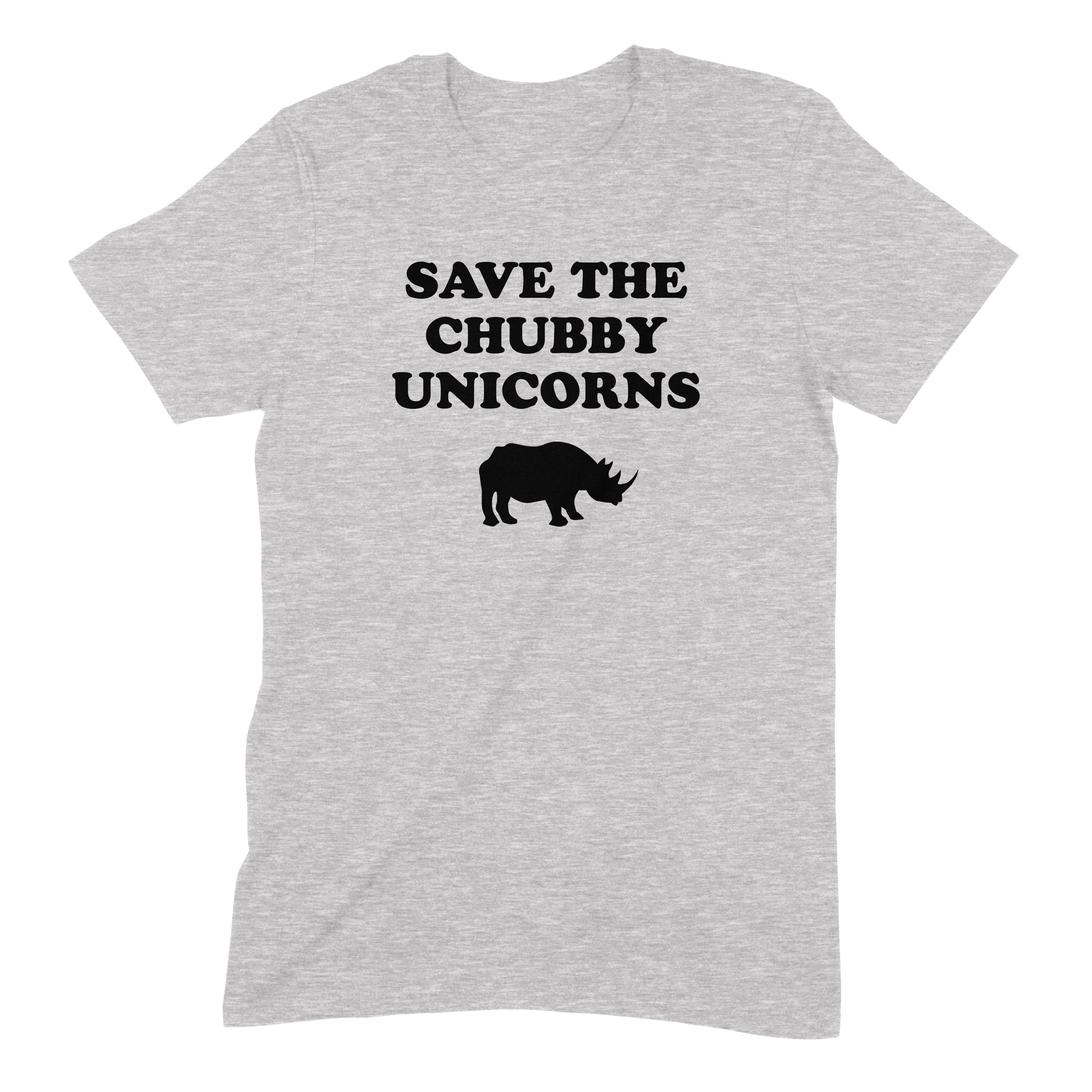 Grey T-shirt with black text Save the Chubby Unicorns and rhino silhouette