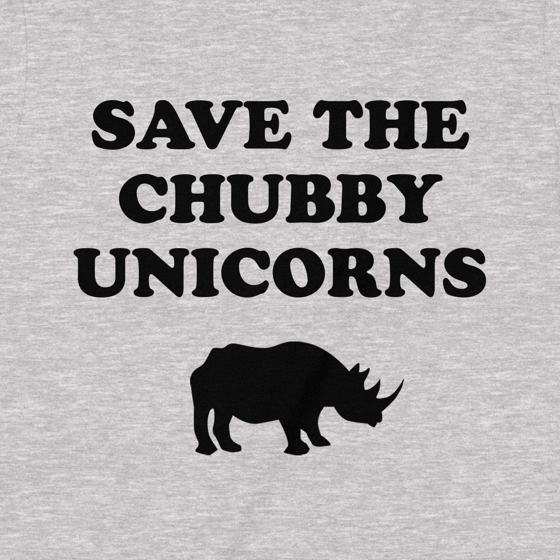 Close-up of Save the Chubby Unicorns T-shirt design with rhino graphic