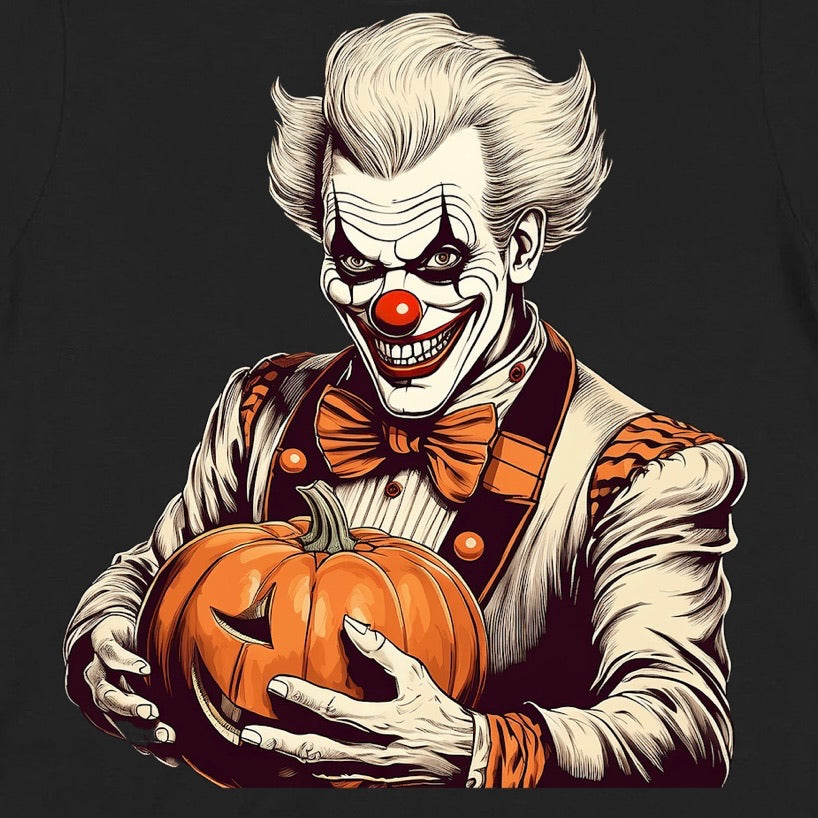 Close-up of scary clown holding pumpkin graphic printed on black Halloween t-shirt