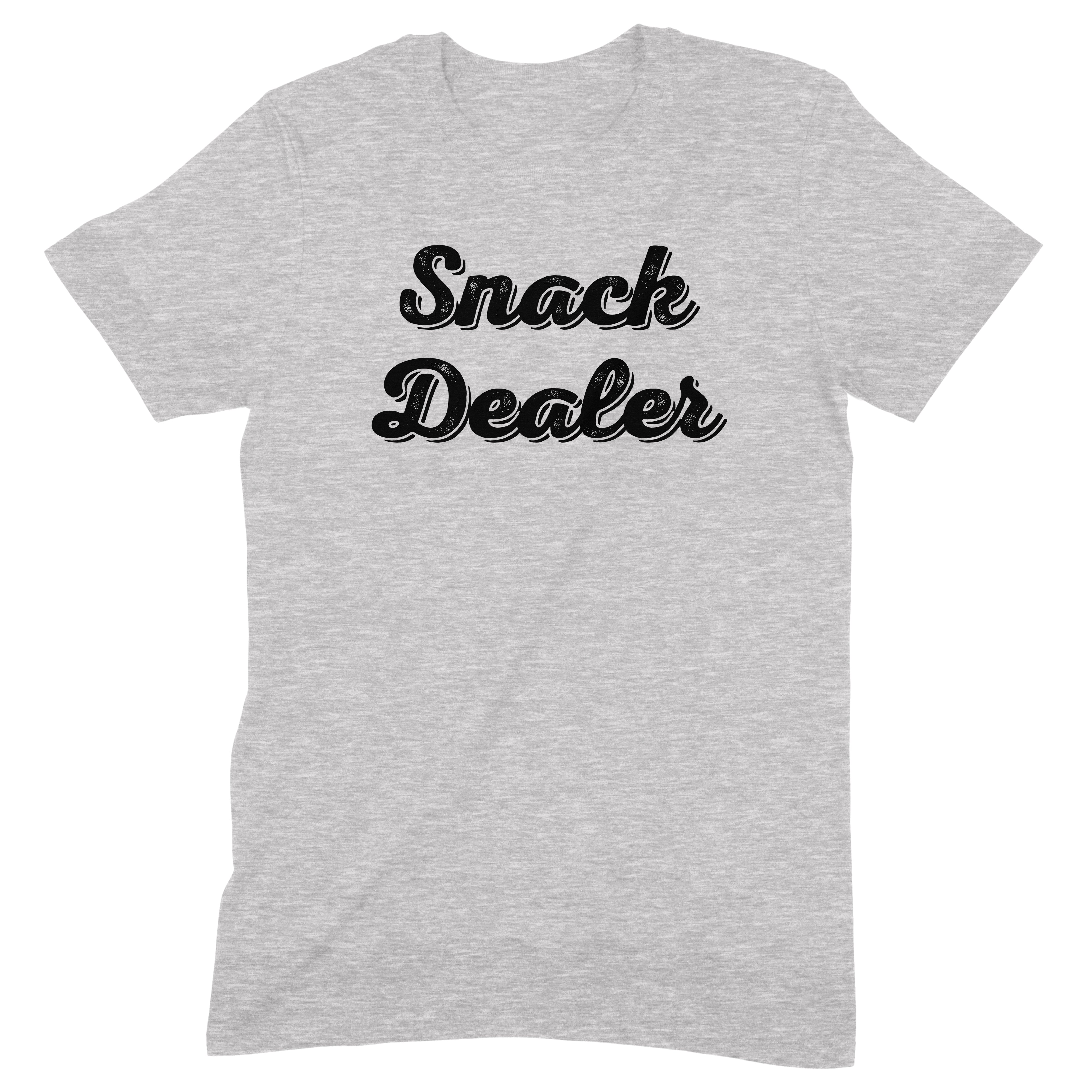 Snack Dealer funny graphic t-shirt in grey with bold black text design, unisex casual tee