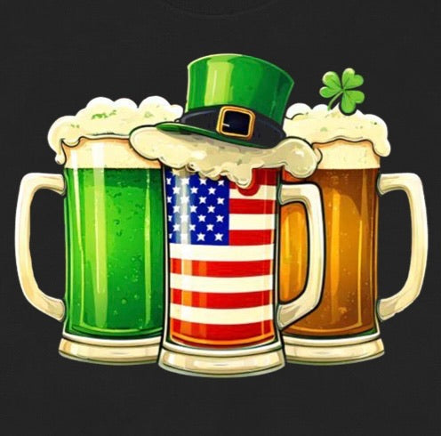 Closeup of St. Patrick’s Day shirt featuring beer mugs with green beer, American flag, brown beer, shamrock, and leprechaun hat