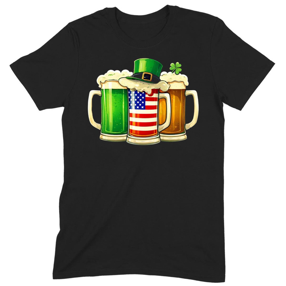 Black t-shirt with three beer mugs design in green, American flag, and brown, topped with foam, shamrock, and leprechaun hat