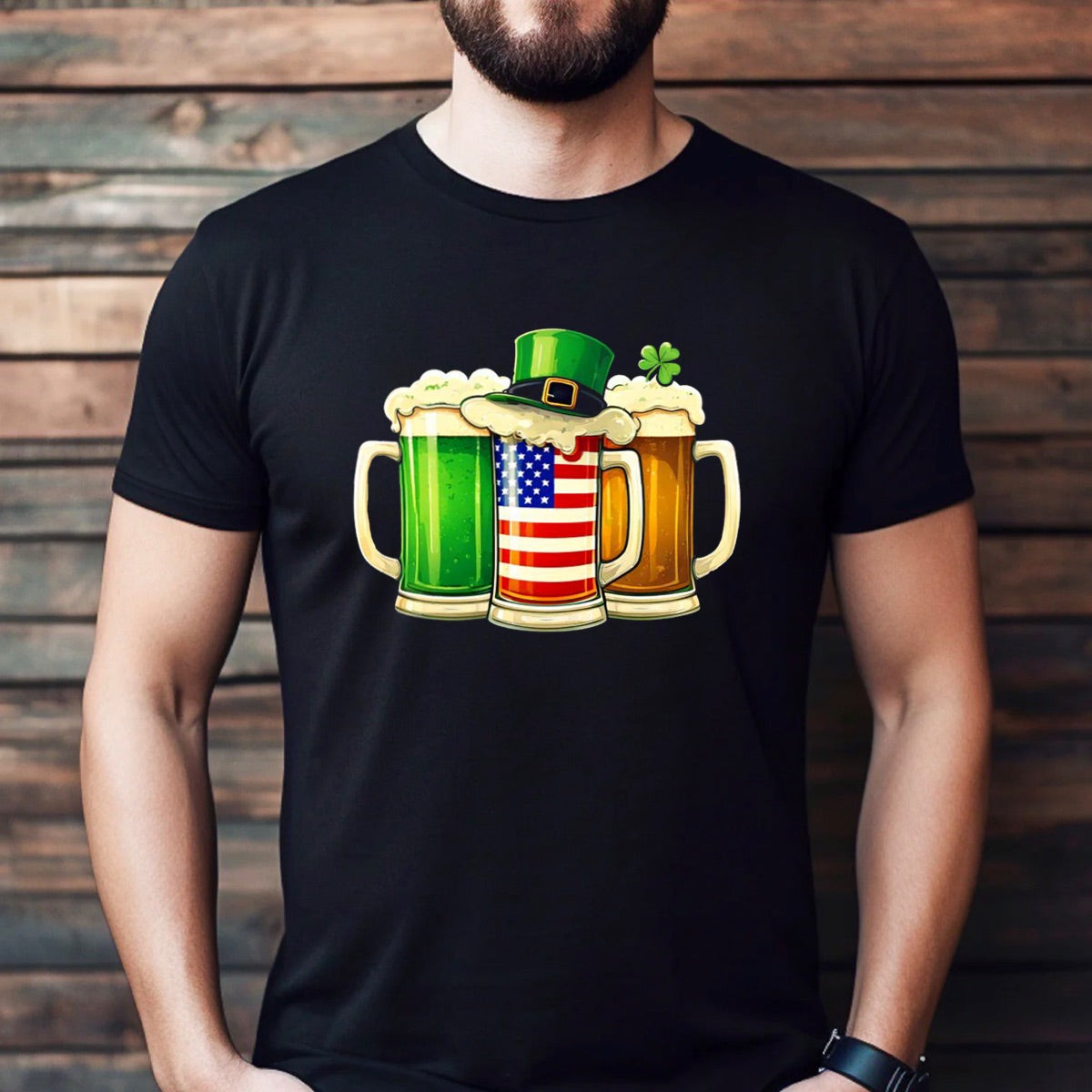 Man wearing black St. Patrick’s Day t-shirt with beer mugs design showing green beer, American flag, and brown beer with shamrock