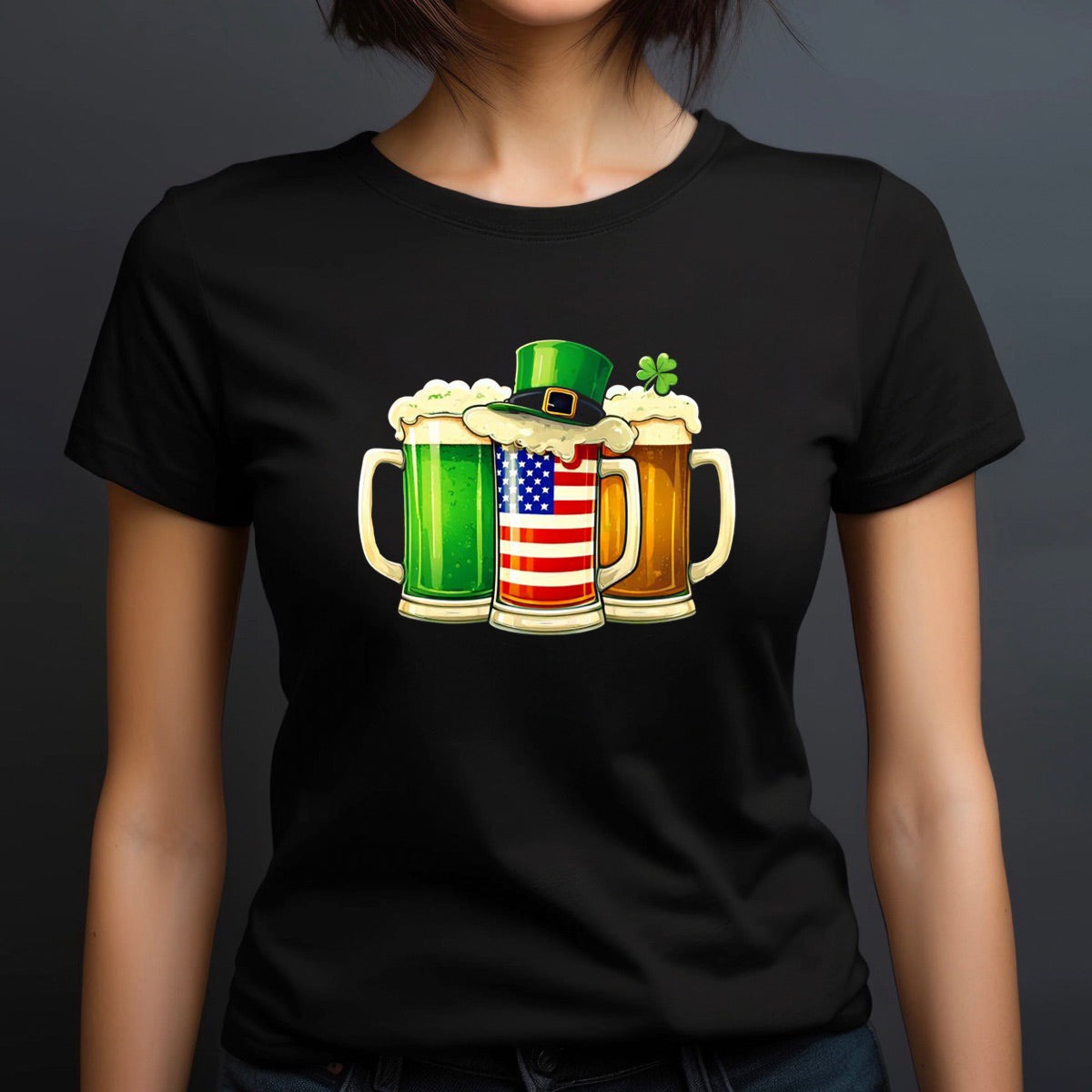 Woman wearing black crew neck St. Patrick’s Day shirt featuring beer mugs with green beer, American flag, brown beer, and shamrock