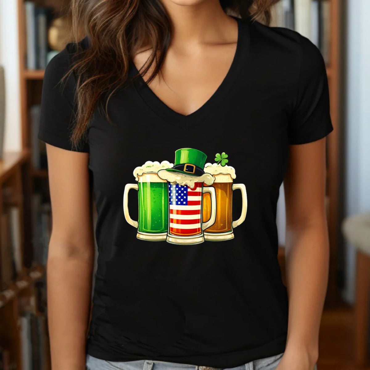 Woman in black v-neck St. Patrick’s Day t-shirt with three beer mugs design decorated with shamrock, leprechaun hat, and foam