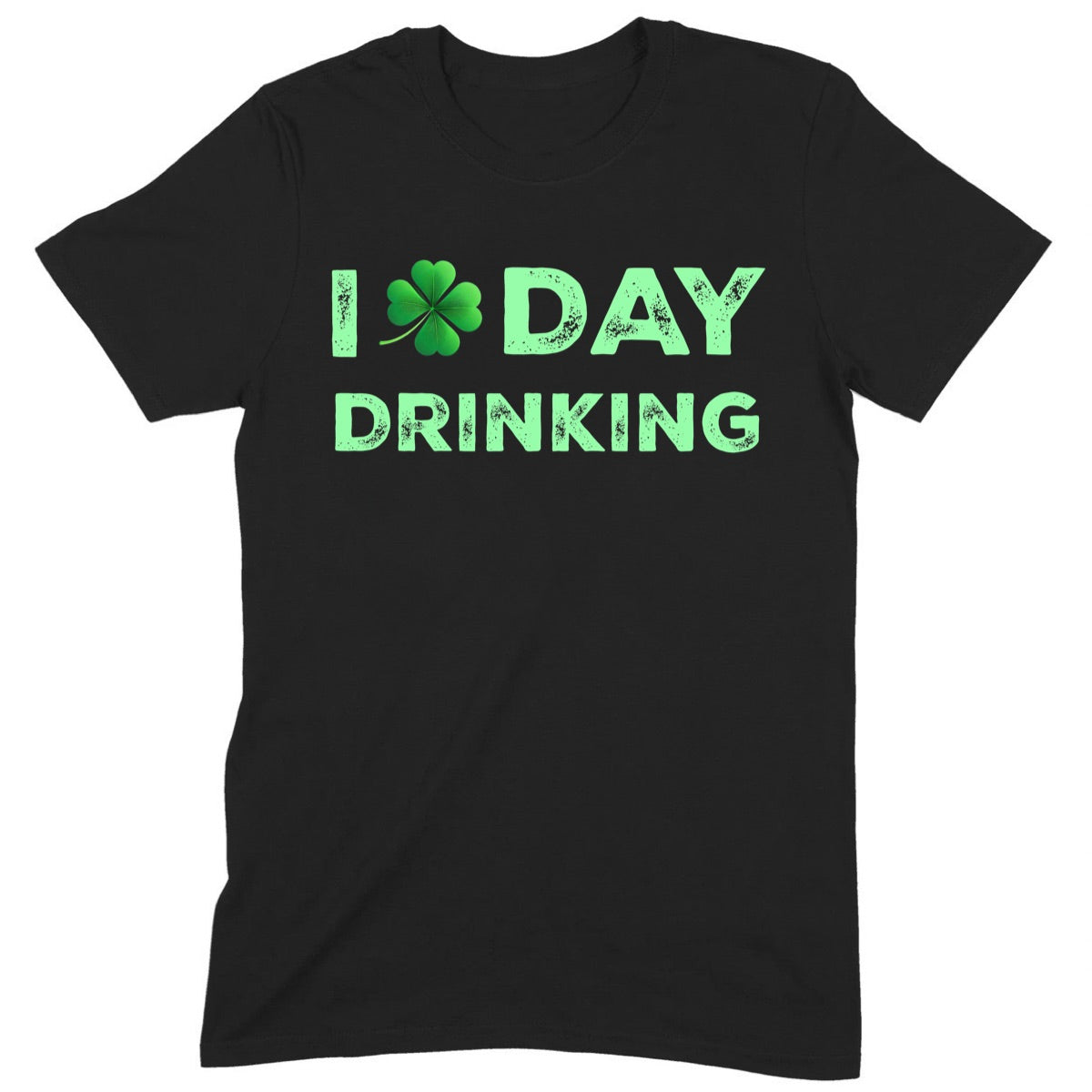 Black t-shirt with green shamrock graphic and bold text I Day Drinking for St. Patrick's Day
