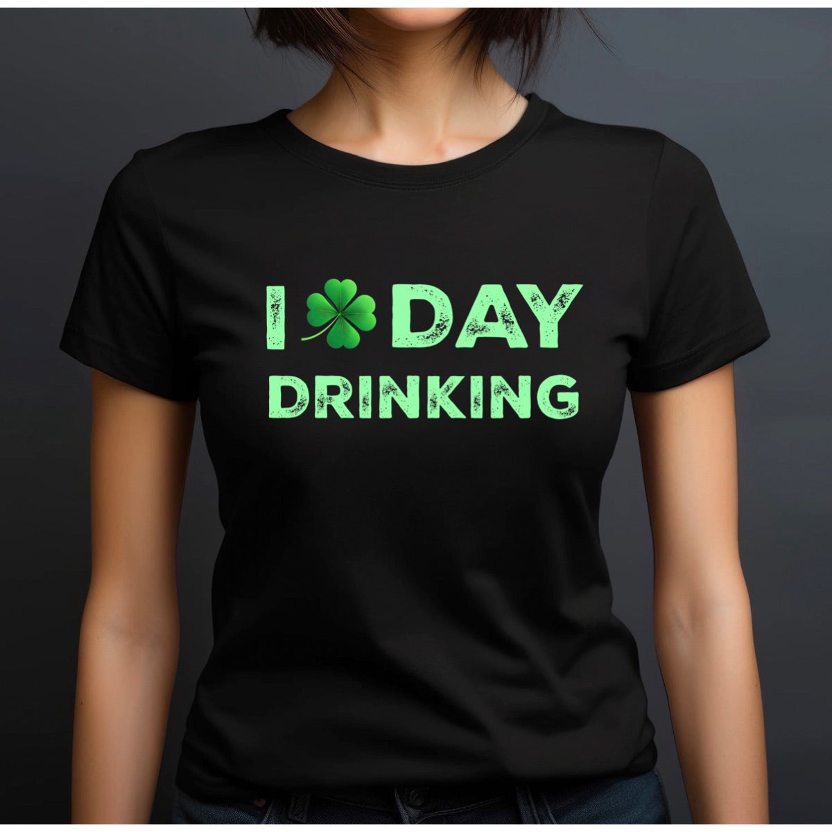 Woman wearing black crewneck t-shirt with green shamrock and bold I Day Drinking print