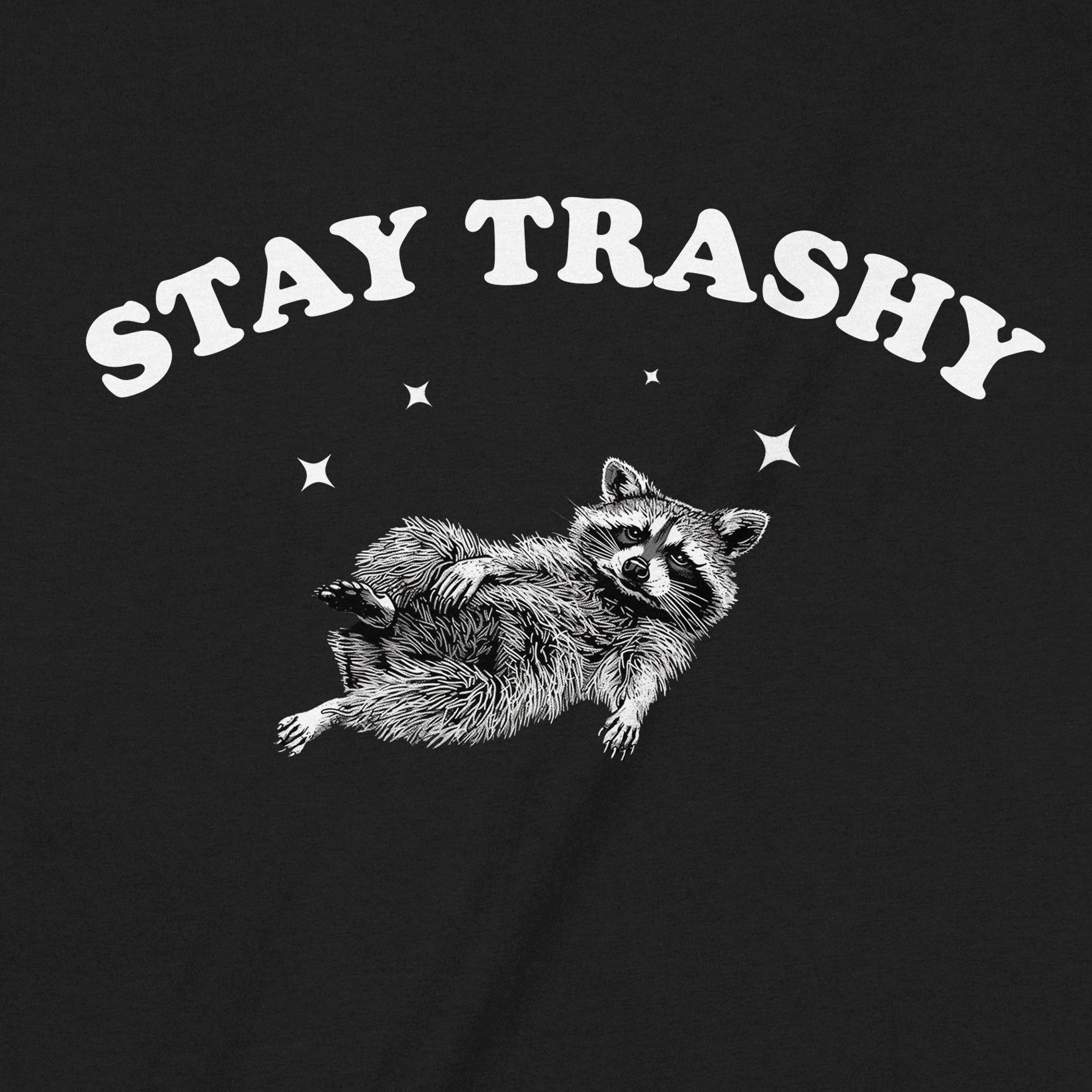 Close-up of raccoon illustration and “Stay Trashy” text on black T-shirt.