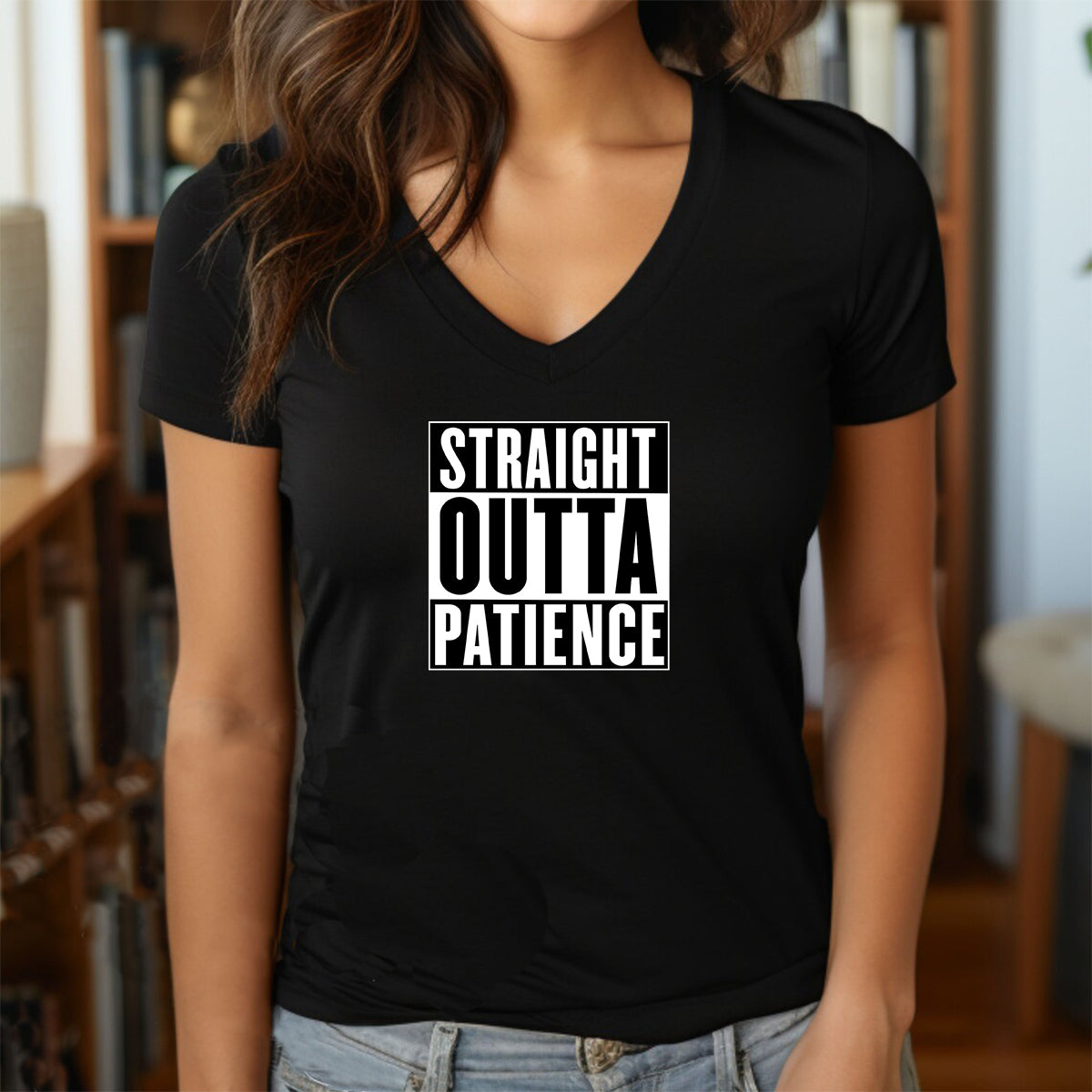 Women’s black v-neck shirt featuring bold block lettering Straight Outta Patience