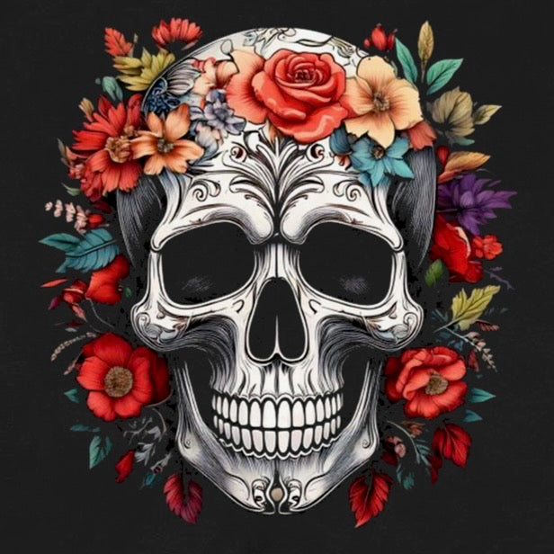 Close-up of sugar skull with floral crown on black t-shirt, Dia de los Muertos style