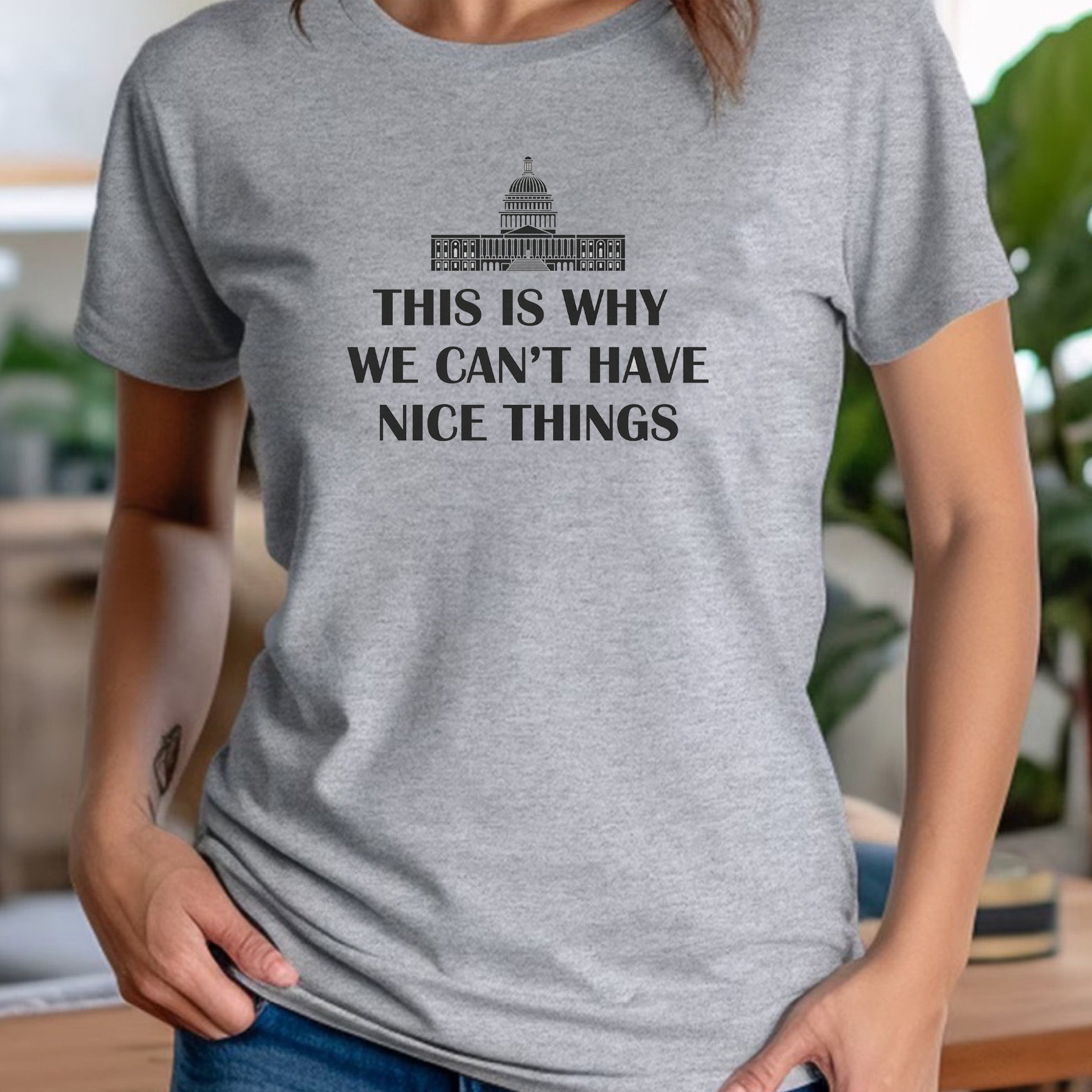 Heather gray women's crewneck tee with US Capitol icon and text This Is Why We Can't Have Nice Things, political humor shirt