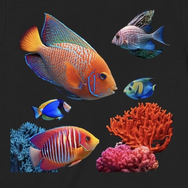 Closeup of vibrant tropical reef fish and coral graphic on black tee, detailed aquatic print