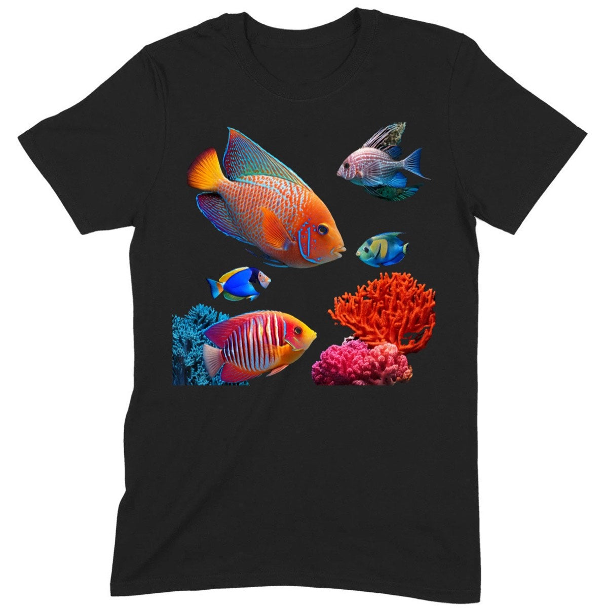 Black unisex t-shirt with colorful tropical reef fish and coral graphic, flat lay product photo