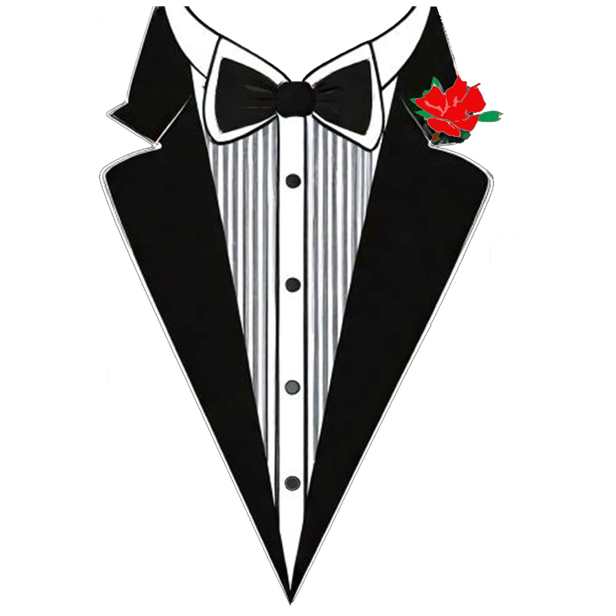 Closeup of tuxedo t-shirt design with black bowtie, striped shirt, and red flower on lapel