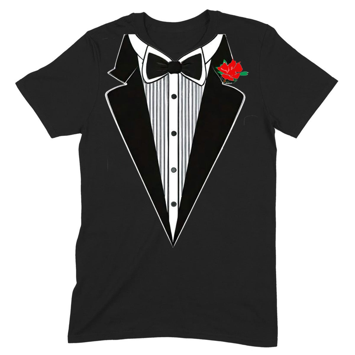 Black tuxedo graphic t-shirt with bowtie and red flower, funny formalwear design for parties and events