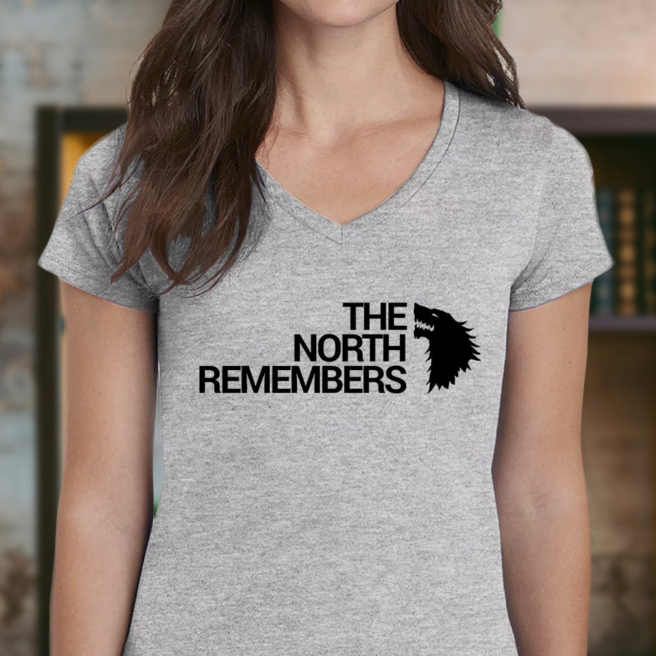 Grey v-neck t-shirt with 'The North Remembers' direwolf design from Game of Thrones
