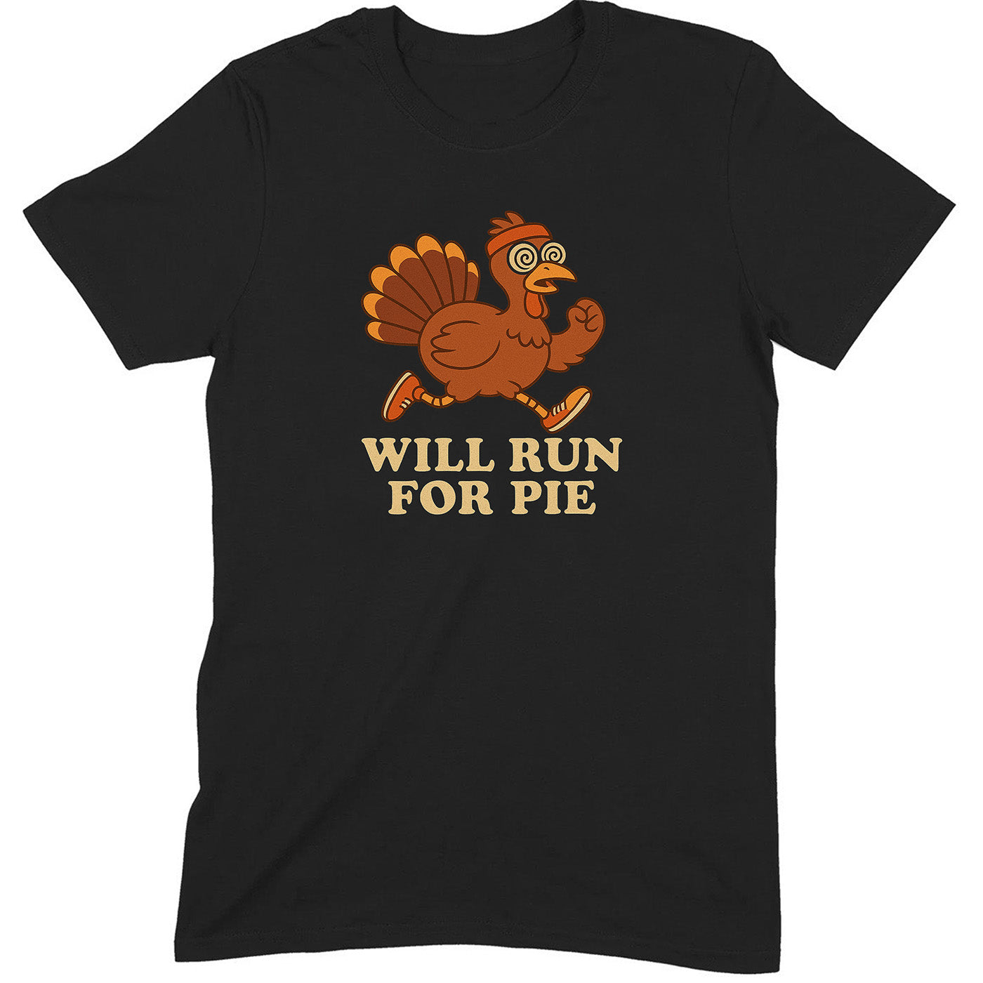 black t-shirt with cartoon running turkey and text will run for pie funny thanksgiving design